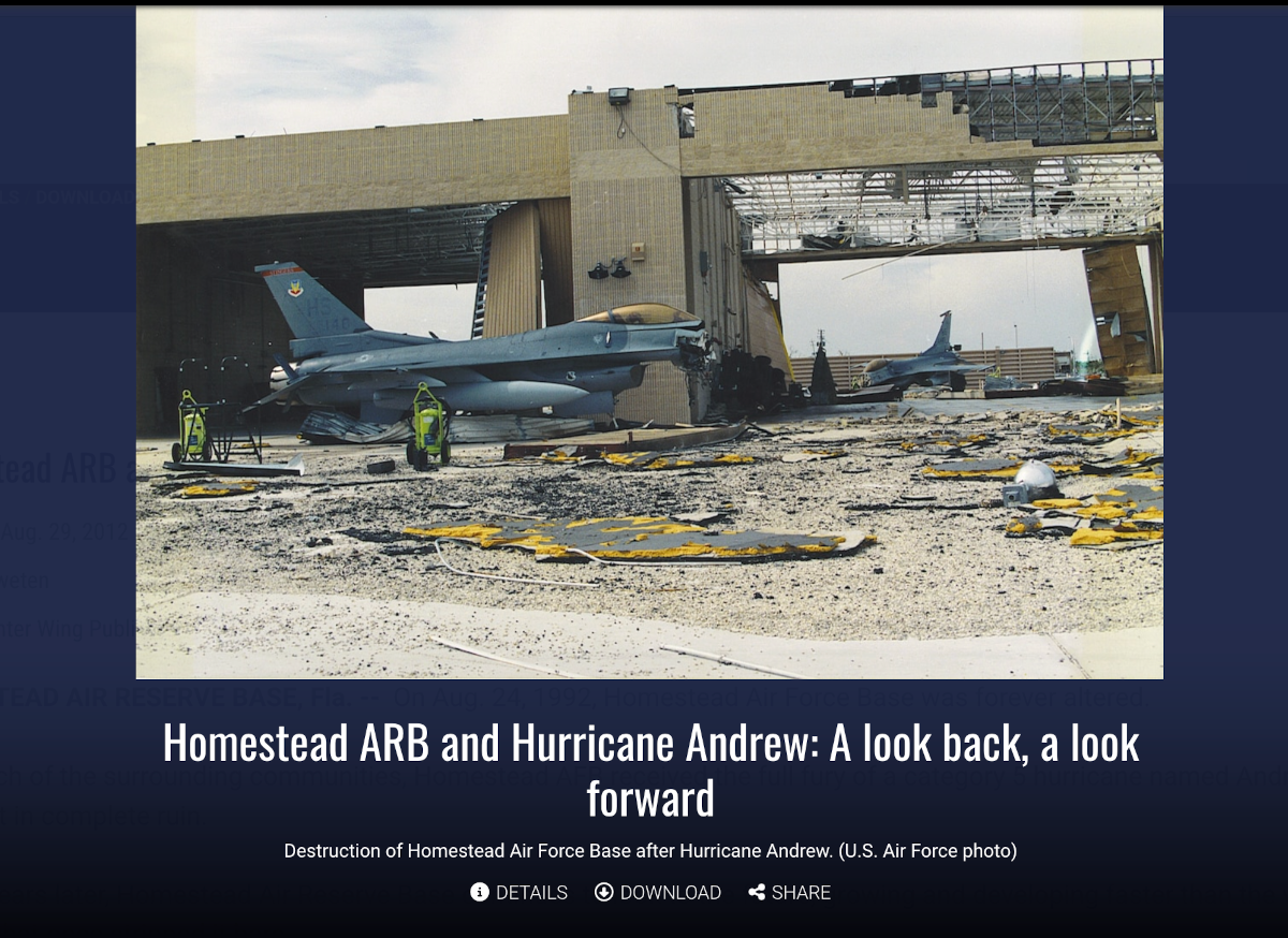 美国空军土木工程中心在一篇对飓风安德鲁的回顾文章中发布了相同的照片